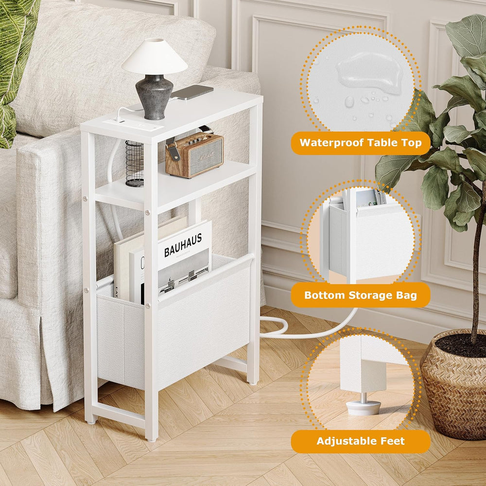 Narrow Side Table with Charging Station Slim End Table Sofa with Magazine Rac...