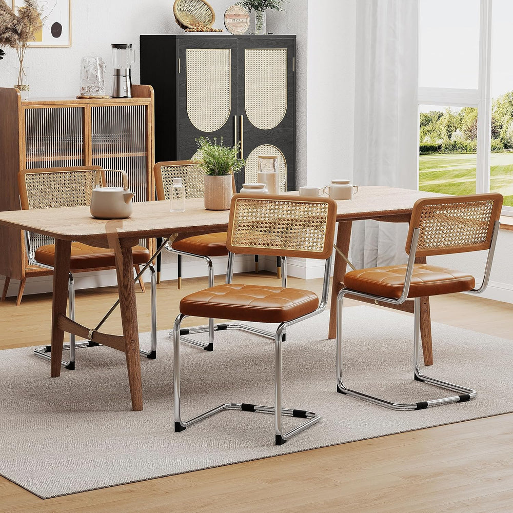 Dining Chairs Set of 4, Natural Rattan Brown Kitchen Side Chairs-PU Seat
