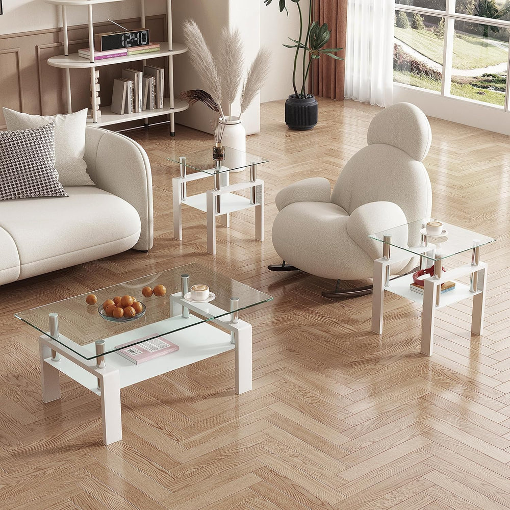 3 Piece Living Room Table Set, Glass Coffee Table and End Table Set of 3, Cof...