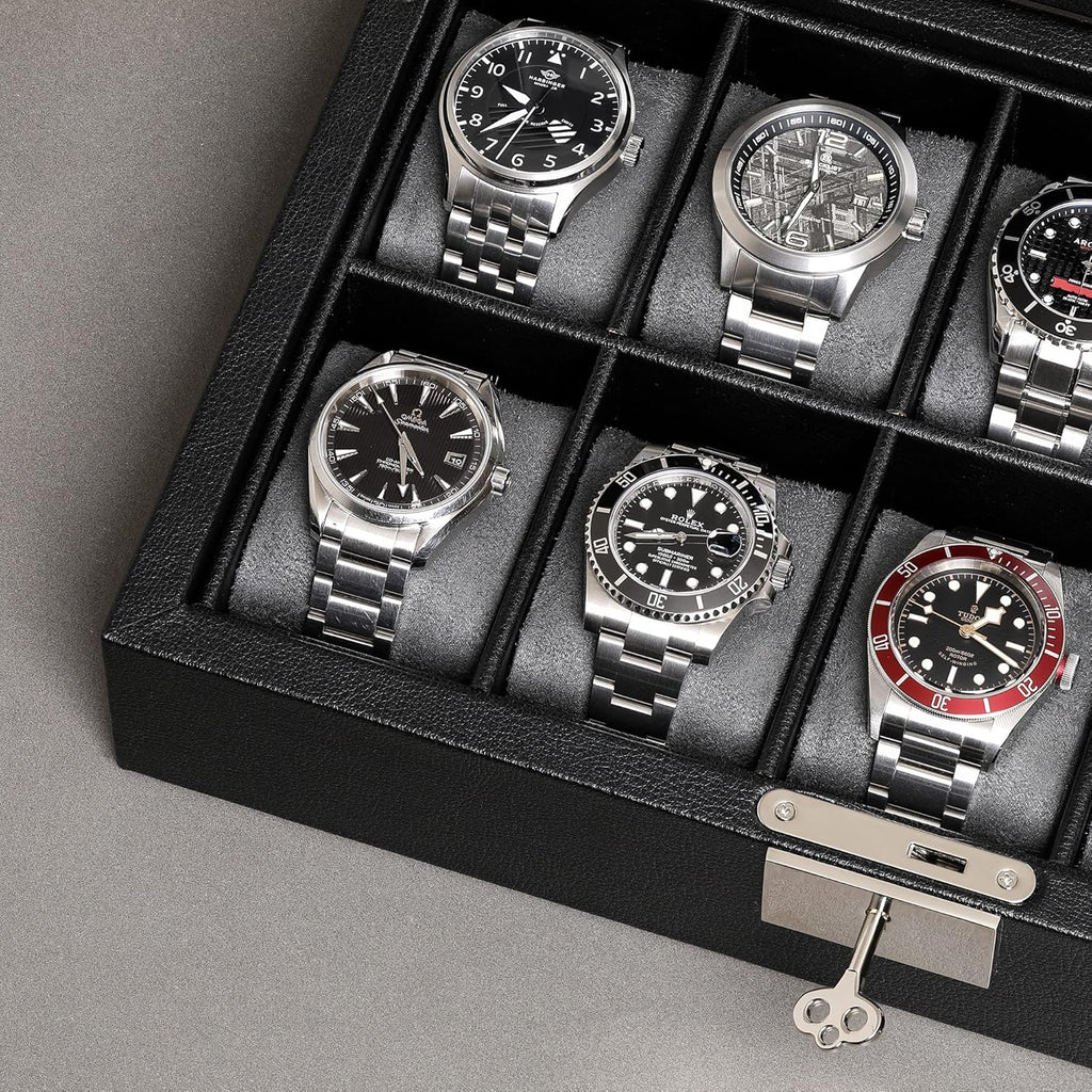 ROTHWELL 10 Slot Leather Watch Box - Luxury Case Display Jewelry Organizer - Locking Watch Display Case Holder with Large Glass Top - Box Organizer for Men and Women (Black/Grey)