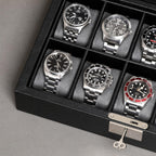 ROTHWELL 10 Slot Leather Watch Box - Luxury Case Display Jewelry Organizer - Locking Watch Display Case Holder with Large Glass Top - Box Organizer for Men and Women (Black/Grey)