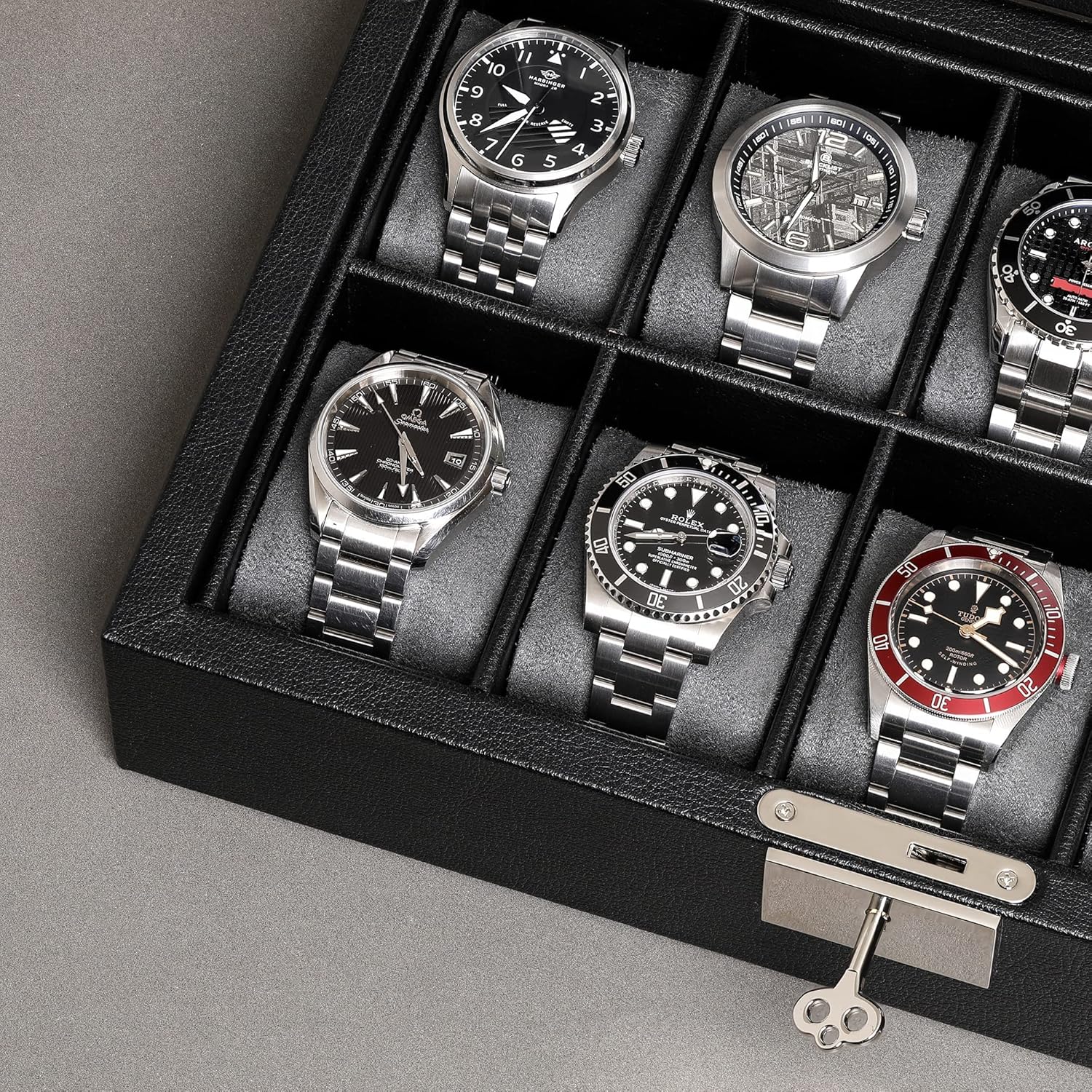 ROTHWELL 10 Slot Leather Watch Box - Luxury Case Display Jewelry Organizer - Locking Watch Display Case Holder with Large Glass Top - Box Organizer for Men and Women (Black/Grey)