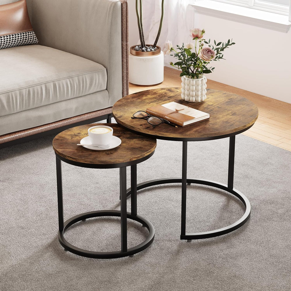 Smuxee Nesting Coffee Table Set of 2, 23.6" Round Coffee Table Rustic Wo...