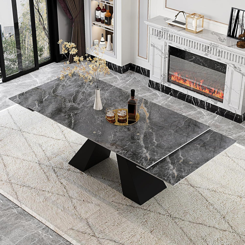 Telescoping Faux Marble Table 63-94.49" Adjustable Length 8-10 People He...