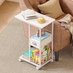 Rolling Side Table with Storage Drawer, White Bedside Table with Wheels, TV Tray for Sofa, Portable Desk on Wheels, Modern Night Stand, Overbed Table for Bedroom, C Shaped End Tables Living Room