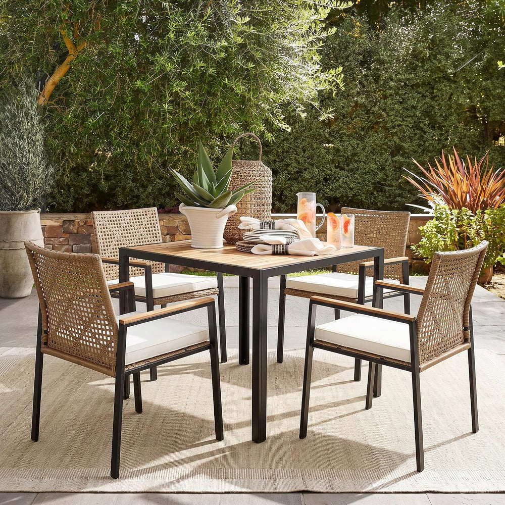 5 PCS Acacia Wood Patio Dining Set, Yellow & White