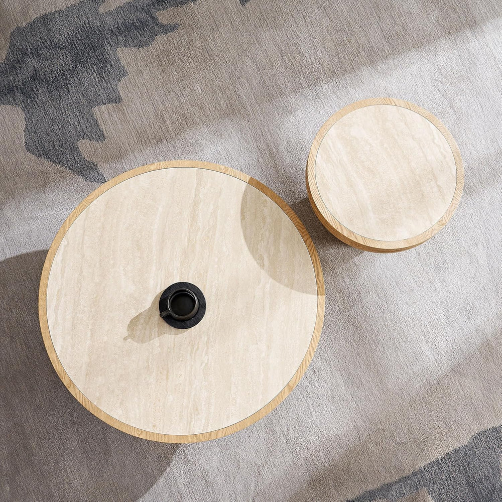 Round End Table Modern Side Table with Sintered Stone Top & Natural Wood ...
