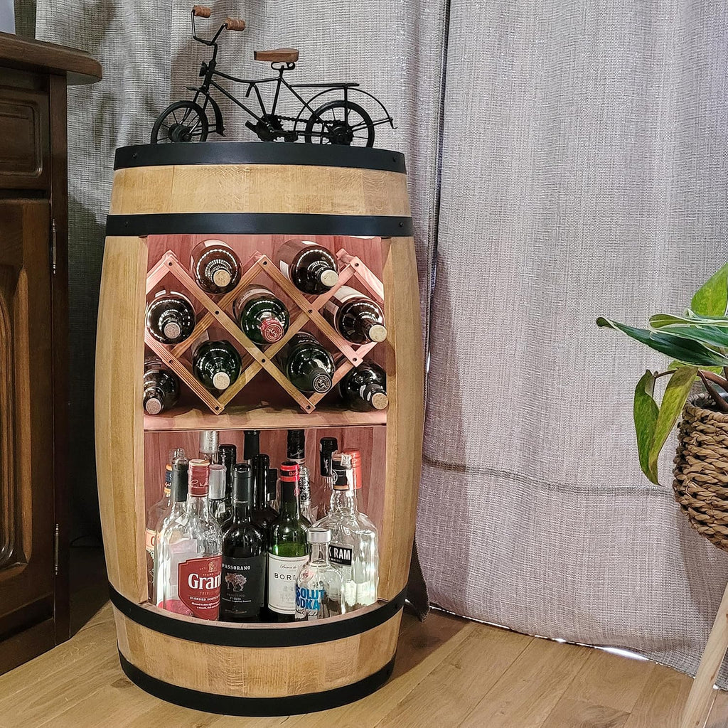 Wooden Barrel with Wine Holder - Wine Rack. 80 cm. Rustic Decorative Bar Cabinet Wine Stand - Home Bar R.G.B. Draft Beer, Whisky Bar Bottle Stand. Home Bar Gift for Man (Light Brown)