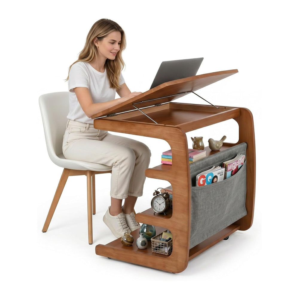 100% Solid Wood C Shaped End Table with Swivel Wheels, Lift Top Couch Table w...