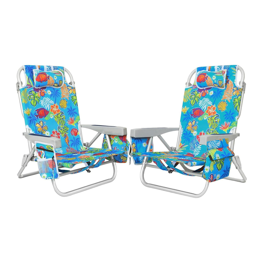 2Pk Aluminum Extra Wide 5-Position Lay Flat Folding Backpack Beach Chairs for...