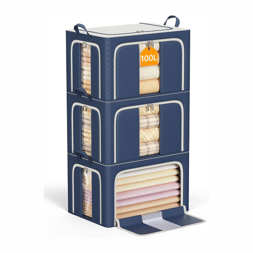 3 Openings Clothes Storage Bins with Metal Frame，100L (navy blue) | Oxford-Ge...