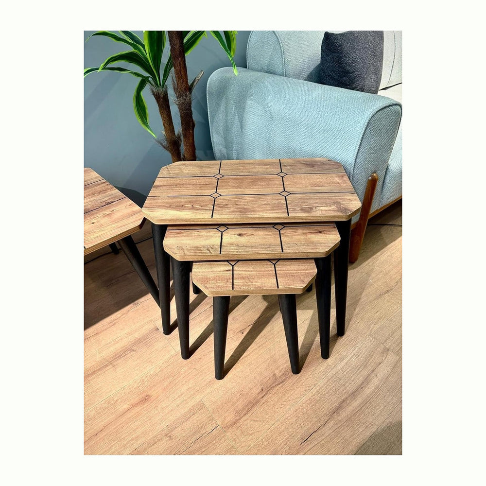 3-Piece Nesting Side Table Set Antique Pine Wood Modern Style Rectangular Top...