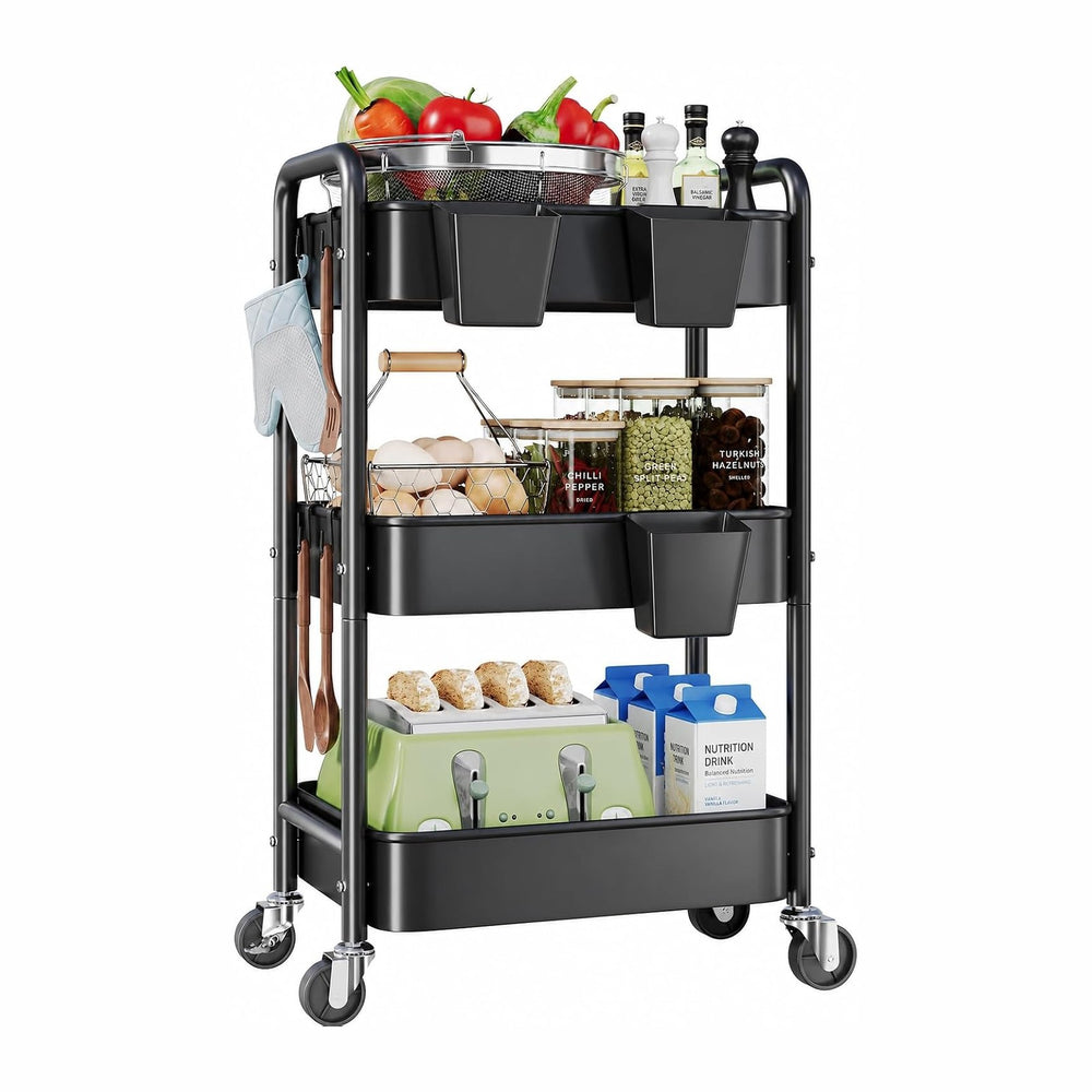 3 Tier Heavy Duty Metal Rolling Storage Cart Organizer with Wheels, Black | T...