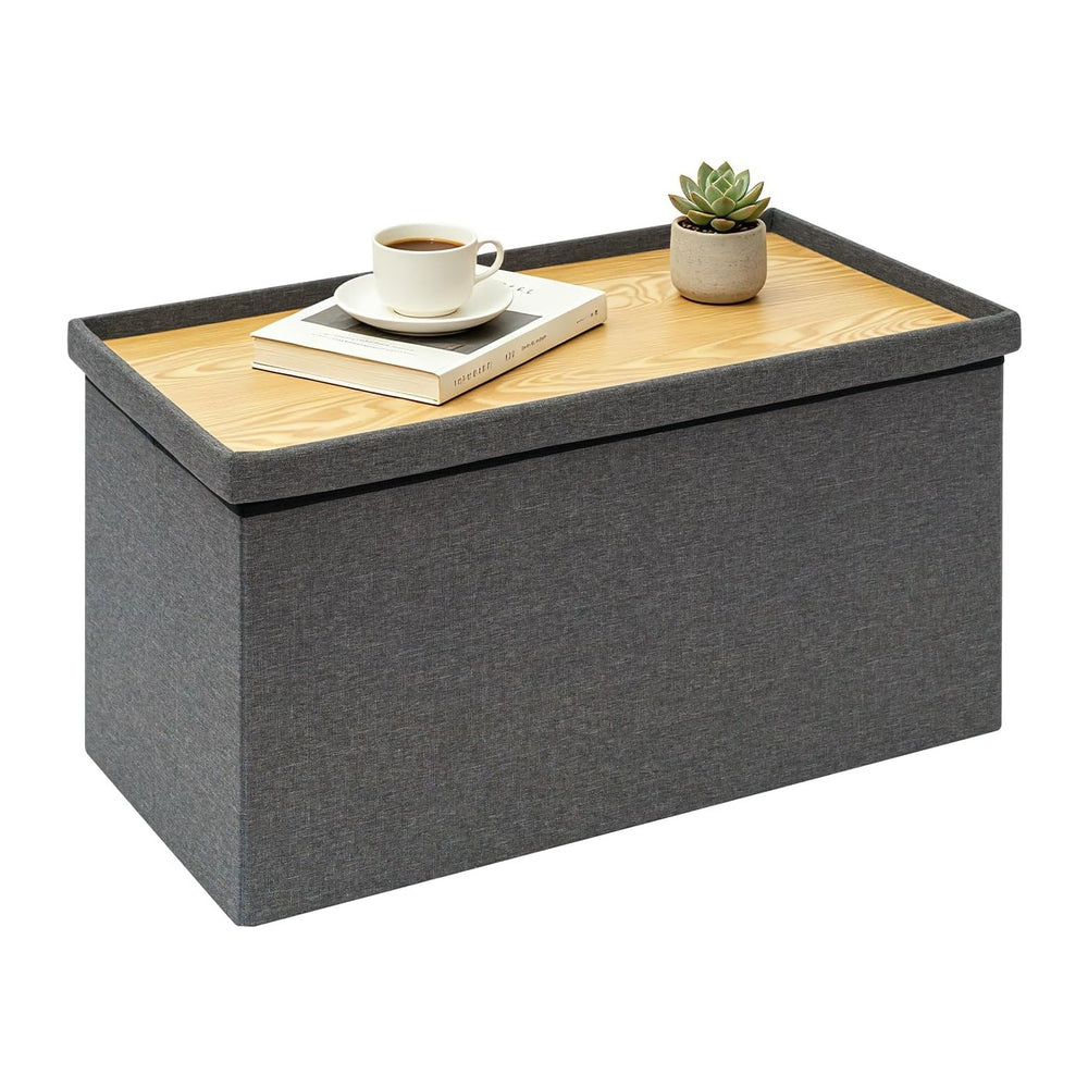 30 Inch Folding Storage Ottoman with Reversible Lid Coffee Table, Linen Fabri...