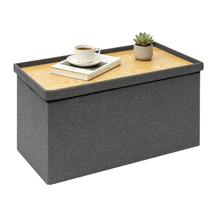 30 Inch Folding Storage Ottoman with Reversible Lid Coffee Table, Linen Fabric Multi-Functional Foot Rest & Seat for Living Room, Bedroom Grey