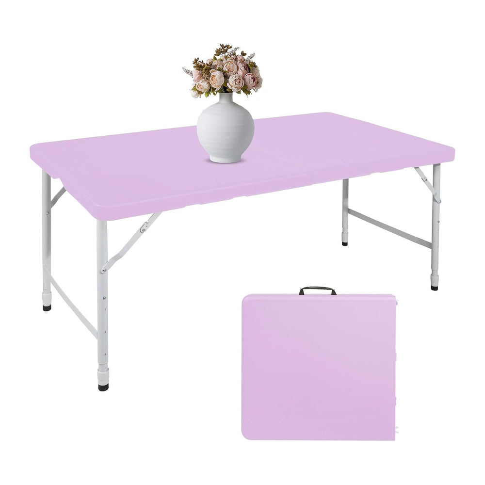 4 FT Folding Table with Carry Handle, Portable Fold-in-Half Plastic Table, Re...