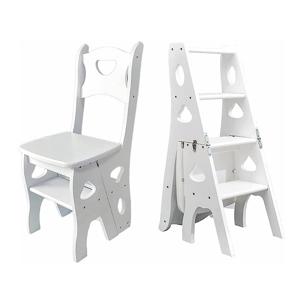 4 Step Wooden Folding Library Ladder Chair with Seat, Lightweight Portable La...