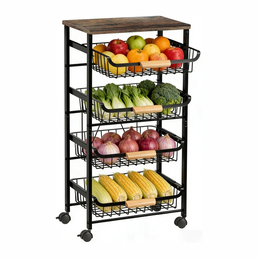 5-Tier Utility Kitchen Cart Storage with Pull-Out Baskets and Wood Top,Heavy ...