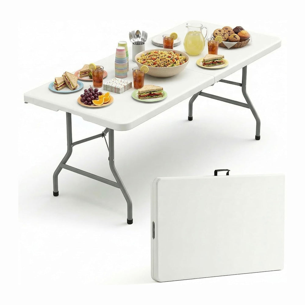 6 Foot Plastic Foldable Table with Built in Handle & Steel Legs, 6 FT Por...