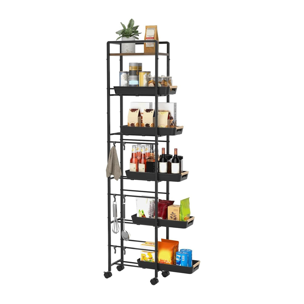 6 Tier Slim Storage Cart with Pull-Out Baskets Rolling Cart with Wheels Wood ...