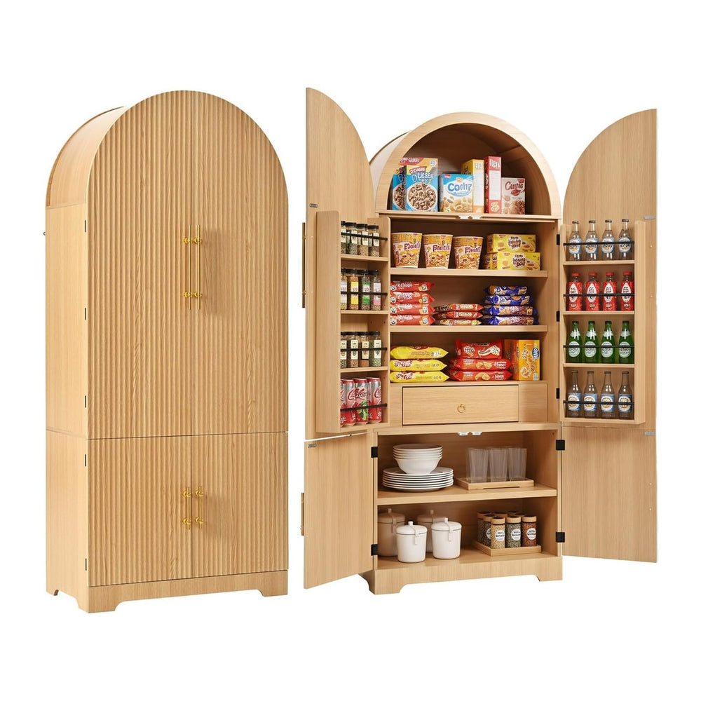 72 Inch Tall Arched Pantry Cabinet with 8 Door Shelves, Fluted Wood Storage C...