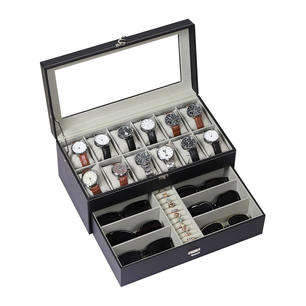 AUTOARK Leather & Velvet Watch Box & Sunglass Organizer,Black,MKAW043...