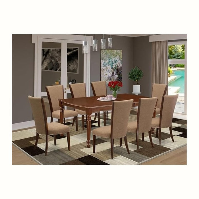 East West Furniture DOVE9-MAH-47 9 Piece Dining Set Includes a Rectangle Dining Room Table with Butterfly Leaf and 8 Light Sable Linen Fabric Upholstered Chairs, 42x78 Inch, Mahogany