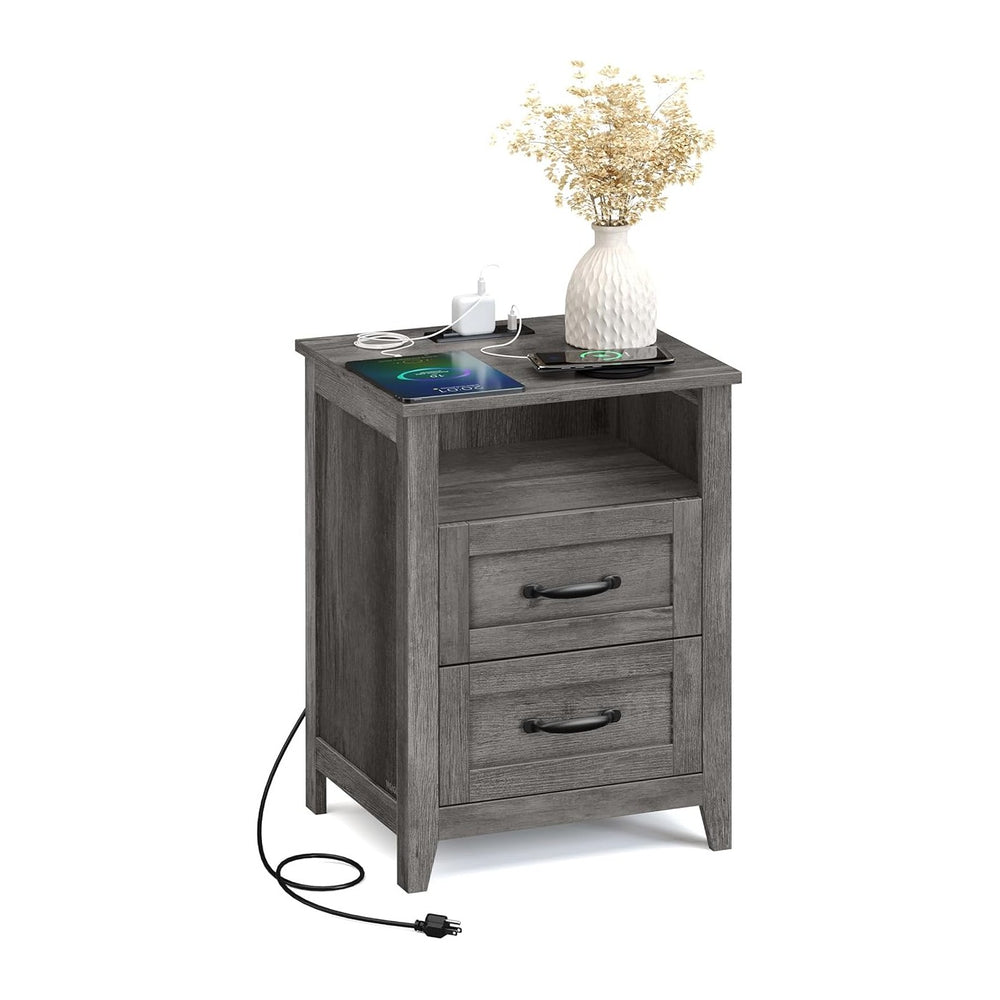 VASAGLE LIRY Collection - Farmhouse Nightstand with Charging Station, Bedside...