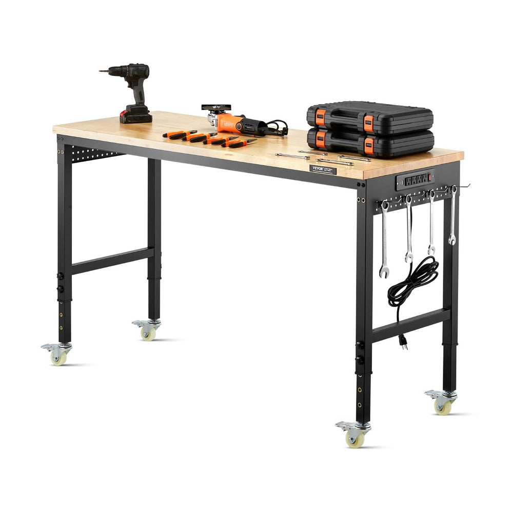 VEVOR Adjustable Workbench, 60 Inch Work Bench with Power Outlet, Wheels, and...
