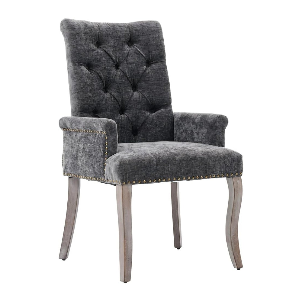 Upholstered Tufted Chenille Dining Chairs with Arms & Nailhead Trim – Sol...