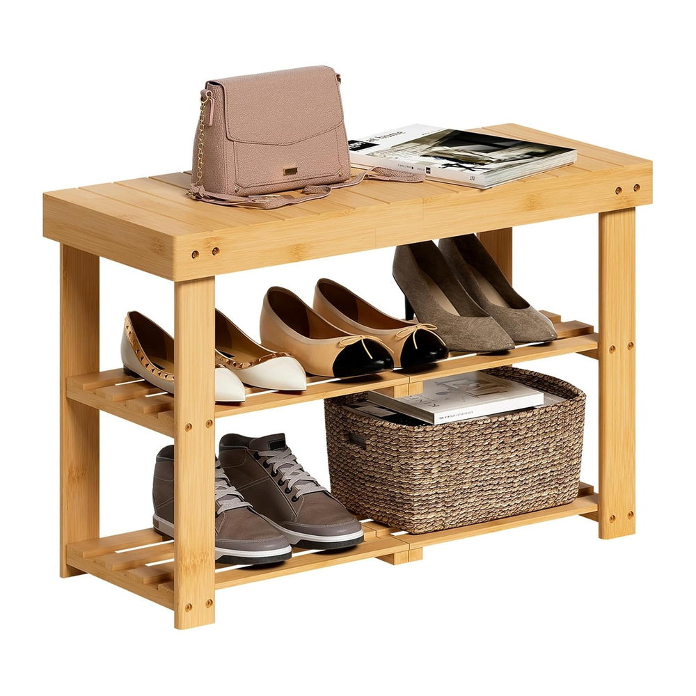 BAMBUROBA Bamboo Shoe Rack Bench, 3-Tier Entryway Bench, Small Shoes Storage ...
