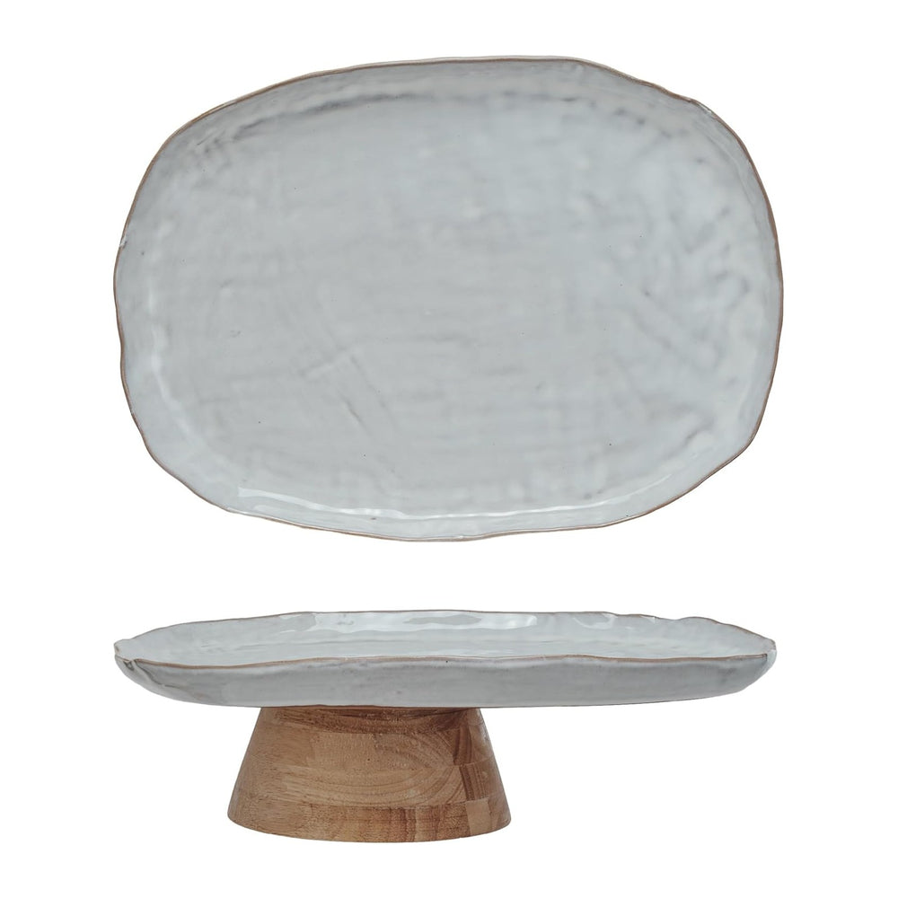 Bloomingville Acacia-Base Stoneware Elegance Pedestal, White