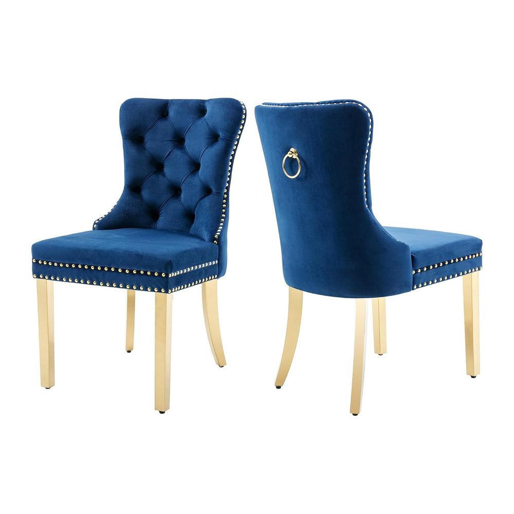 Blue Velvet Dining Chairs Set of 2, Elegant Tufted & Nailhead, Gold Legs ...