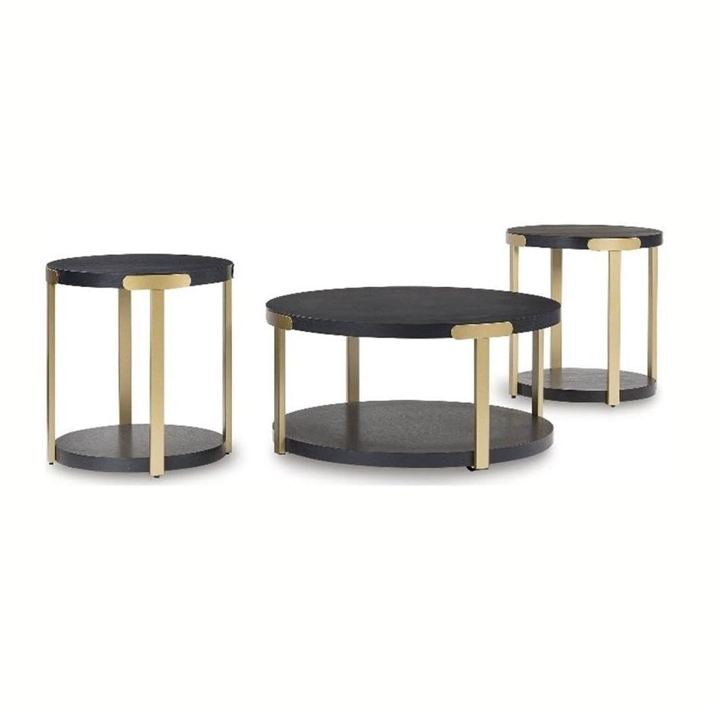 BOWERY HILL Contemporary Engineered Wood Coffee Table Set, Black Wood Grain F...