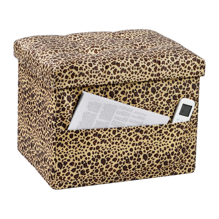 Bsketa Storage Ottoman Bench, 17" Folding Velvet Foot Rest,Leopard Print | Small Ottoman with Side Pockets, Thicker Foam Padded Seat, Livingroom, Dorm, Bedroom, Easy to install, 43L,17x13x13in