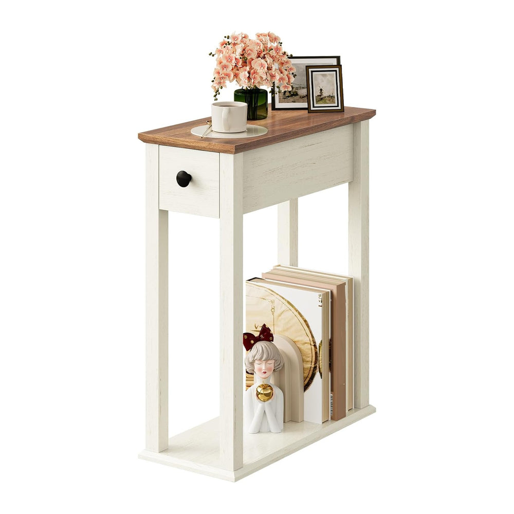 CHOEZON Farmhouse End Table, 2-Tier Narrow Side Table with Drawer, Wooden Nig...