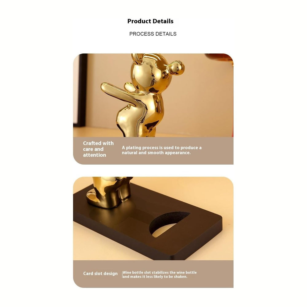 Decorative Wine Bottle Holder Stand, Gold and Silver Bear Figurines, 8.5 x 4 ...