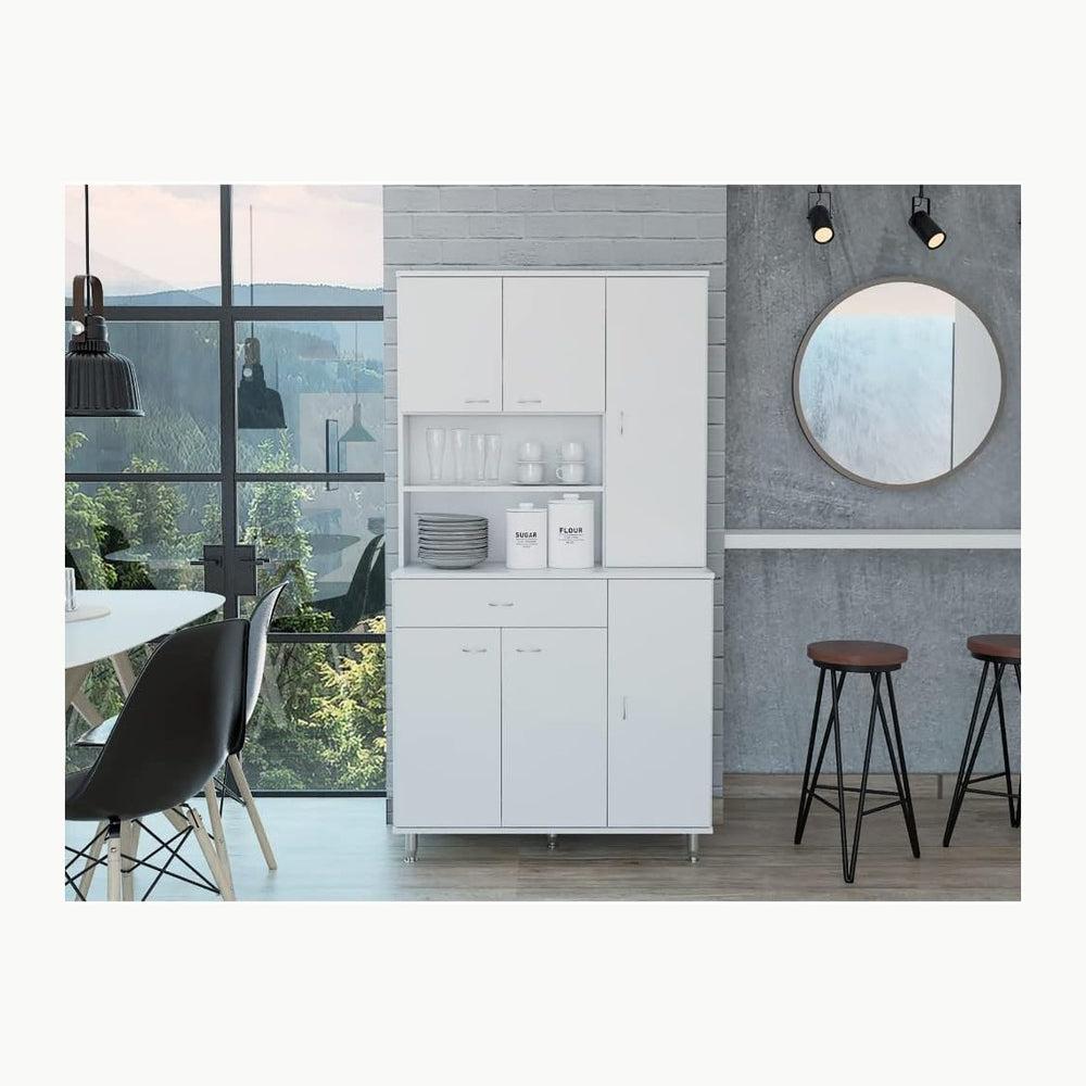 Della 90 Kitchen Pantry, One Drawer, Multiple Cabinets, Two Open Shelvess -White