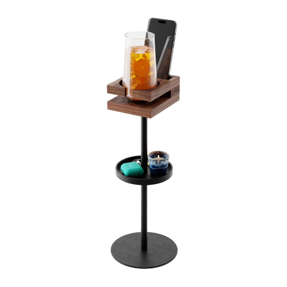 Drink Table for Small Spaces - Slim Pedestal Side Table with Real Wood Top &a...