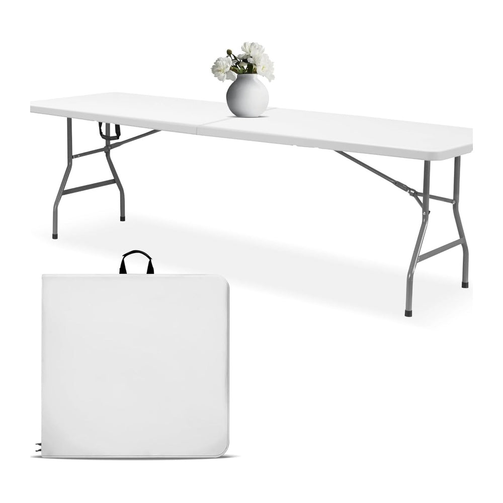 EconoHome White 8ft Folding Table with Handle | Heavy-Duty Foldable Table | P...