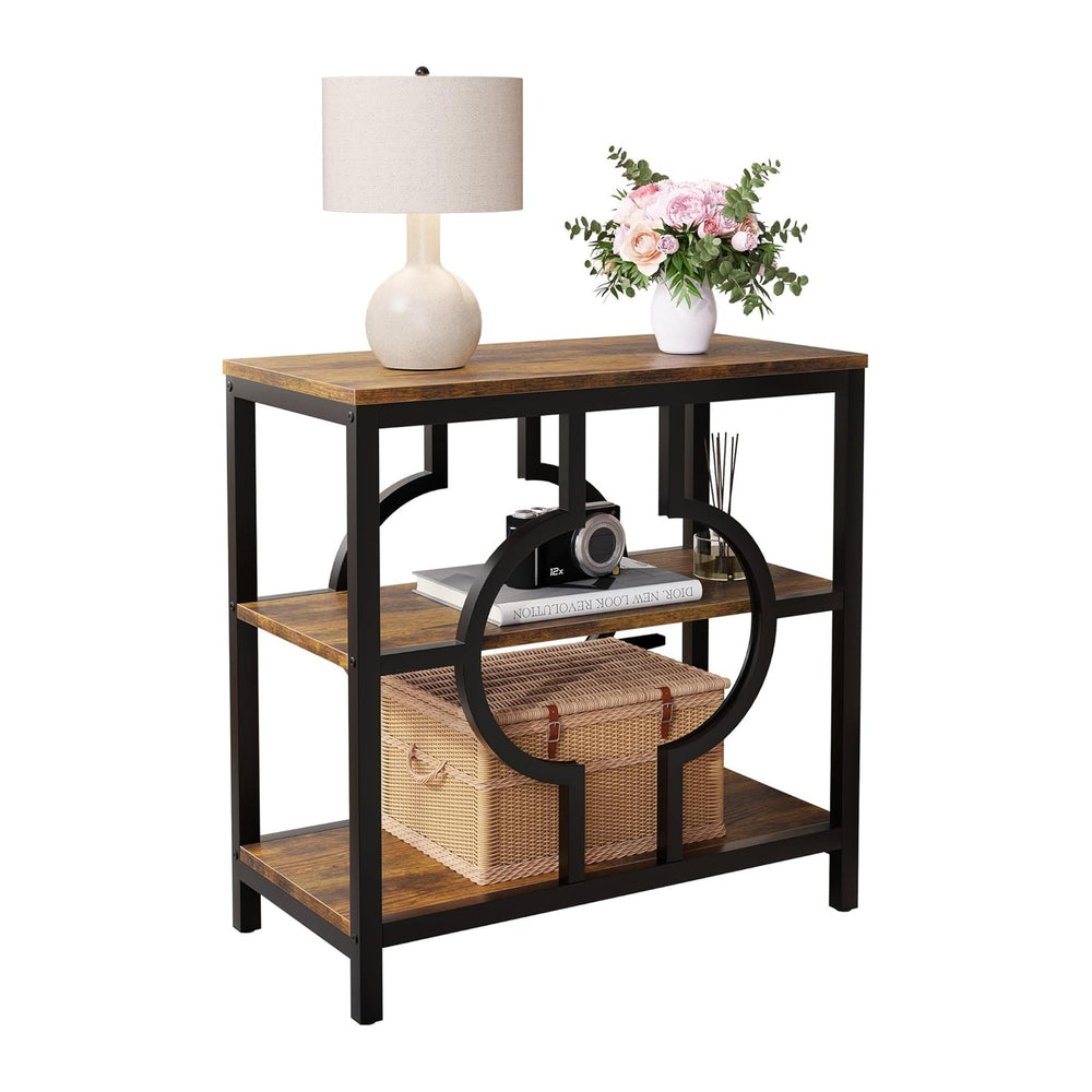 End Table, Narrow Side Table with 3-Tier Storage Shelves, Wood Sofa Side Tabl...