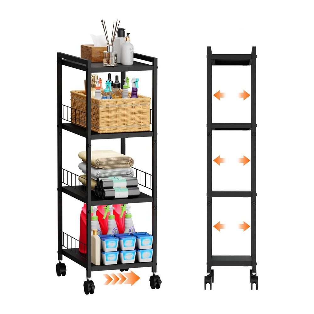 Expandable Slim Storage Cart with Wheels, 4 Tier Narrow Metal Rolling Utility...