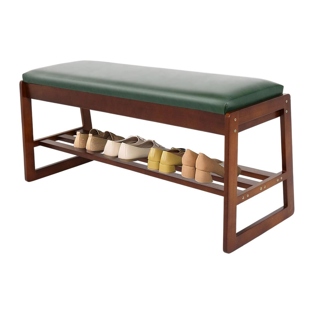 FAHKNS Shoe Bench with Leather Cushion 2 Tiers Shoe Rack 39.4" Rubberwoo...