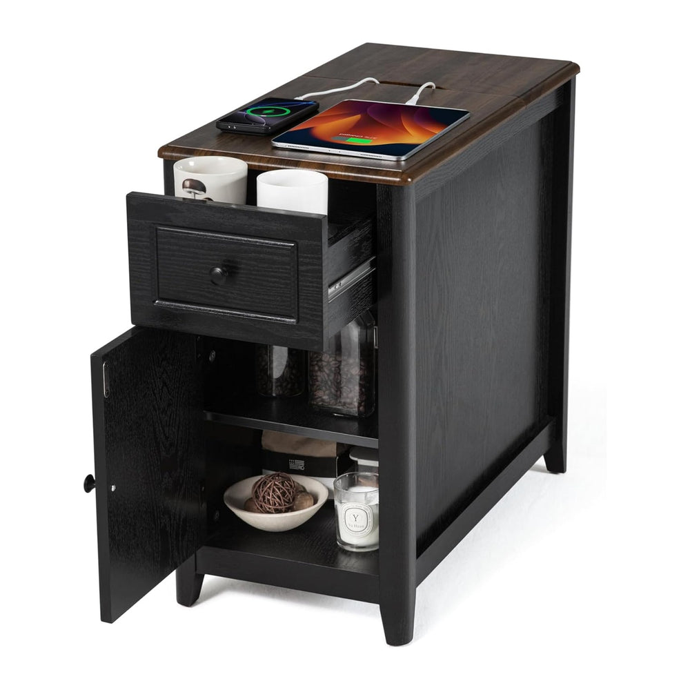 Farmhouse End Table with Charging Station, USB-C, Narrow Side Table with Stor...