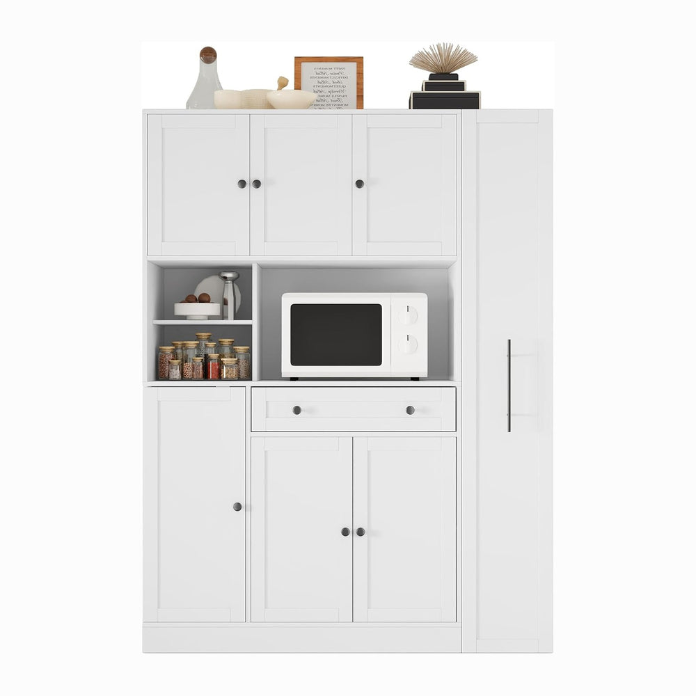 Farmhouse Freestanding Kitchen Pantry with Pull-Out Side Cabinet, Door Shelve...