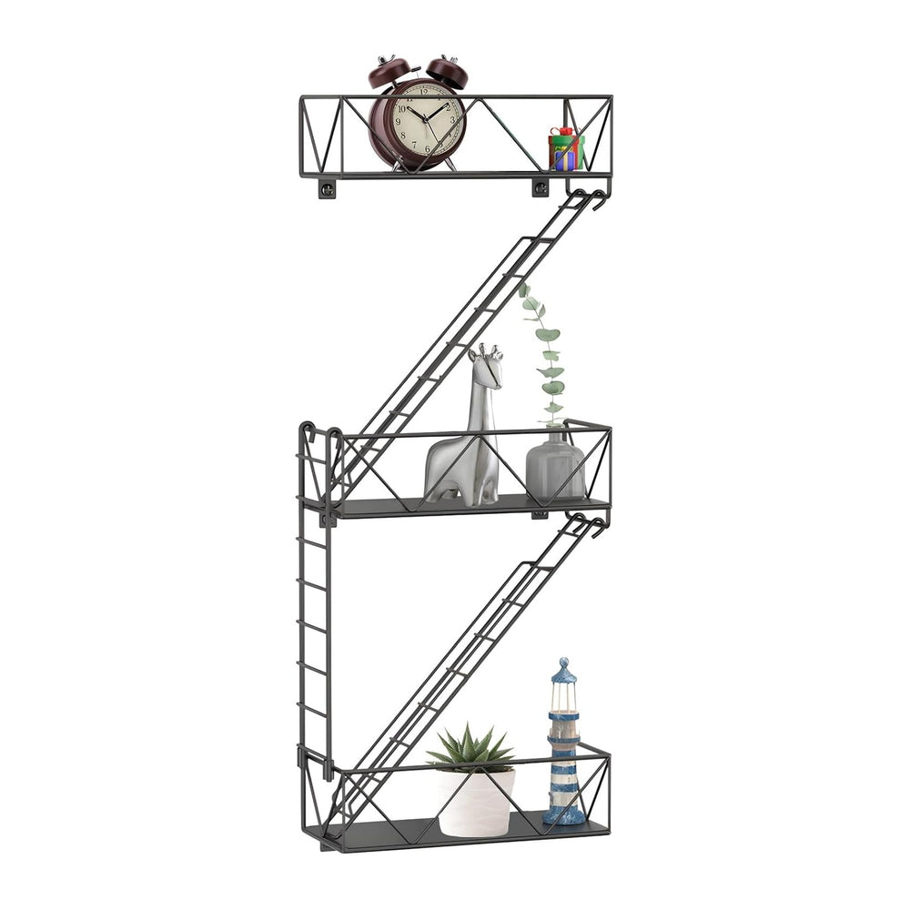 Fire Escape Wall Shelf, 3 Tier Black Metal Hanging Ladder Decor, Iron Display...