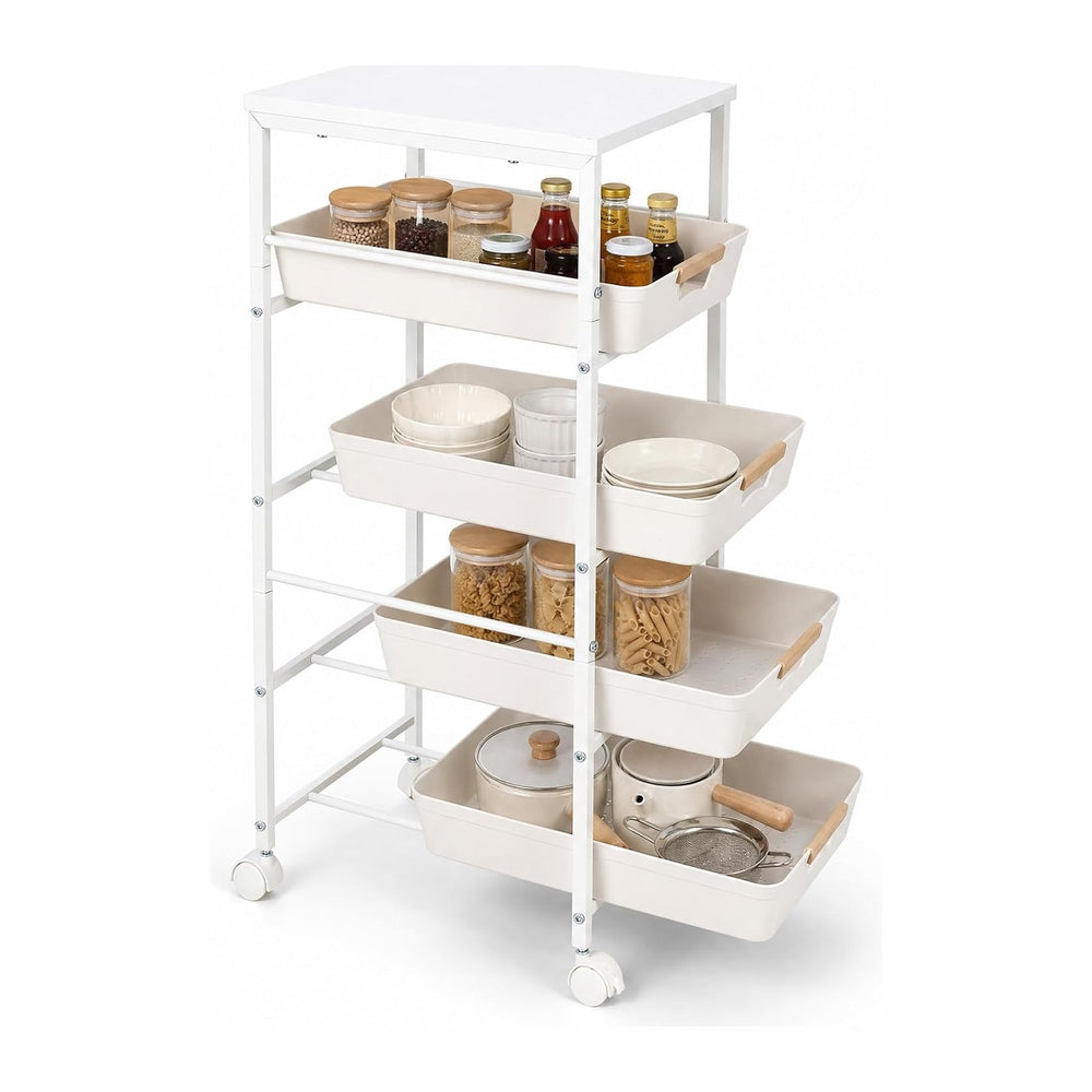 Garvee 5-Tier Slim Rolling Storage Cart, 12.6" Wooden Top Narrow Kitchen...