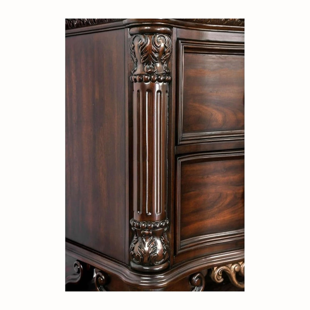 Genuine Marble Top Nightstand with 2 Drawers, Brown Cherry,for Small Spaces