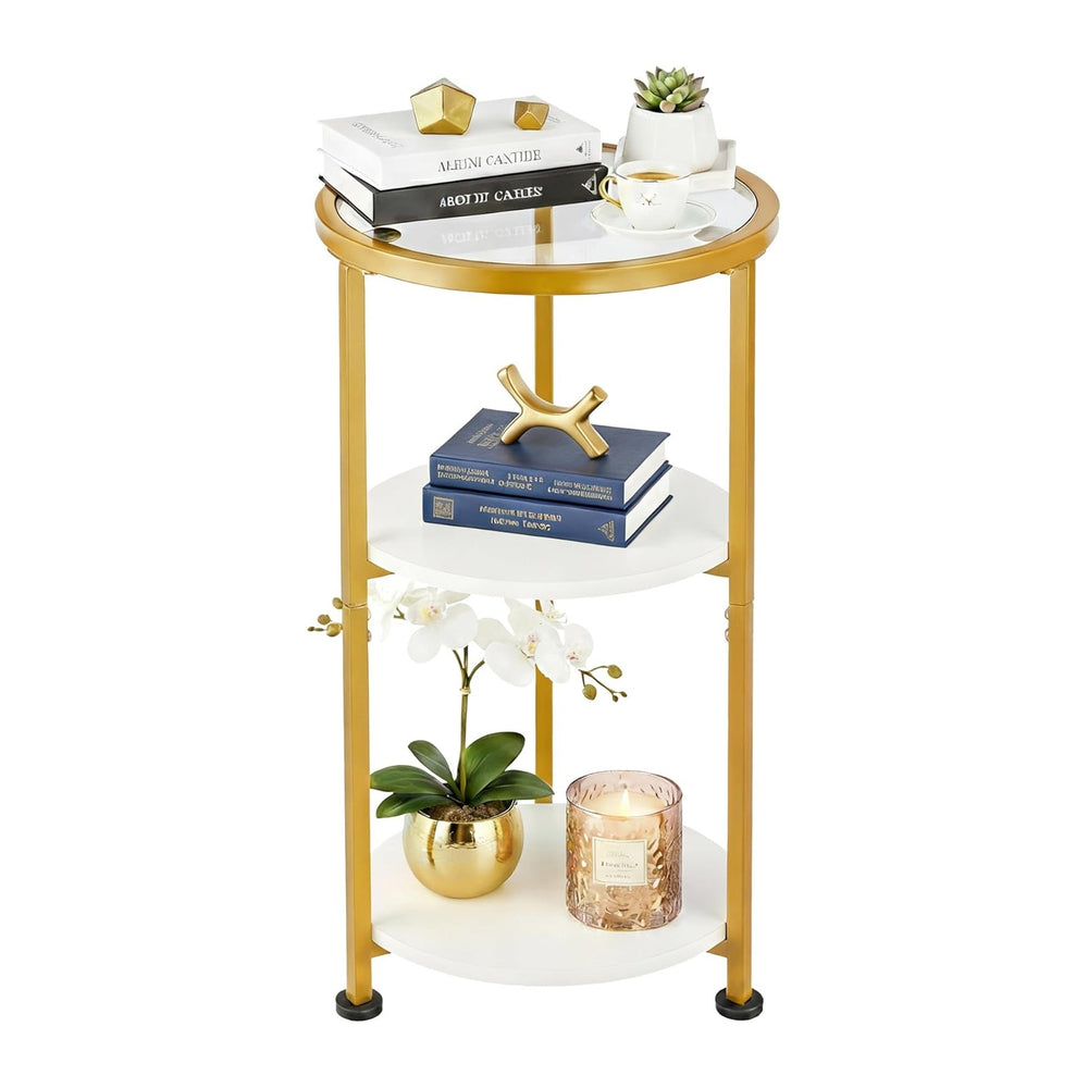 Glass Side Table, Tempered Glass Small Round Side Table with 3-Tier Storage S...