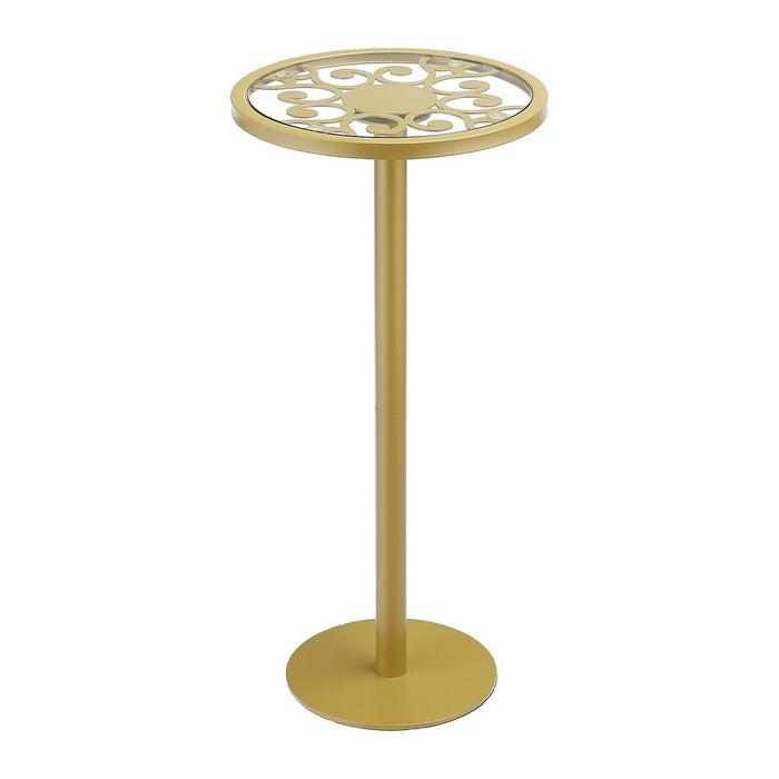 Gold Drink Table, Indoor Outdoor Small Round Side Table with Tempered Glass Top & Scroll Design, 24.7" Metal Pedestal End Table for Living Room, Patio, Small Spaces, Weather Resistant
